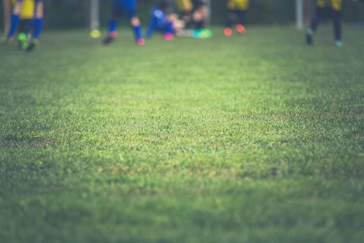 A vibrant grass field with blurred soccer players in the background during the day.